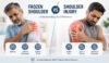 Illustration comparing frozen shoulder and shoulder injury, highlighting symptoms, pain areas, and limited shoulder movement.