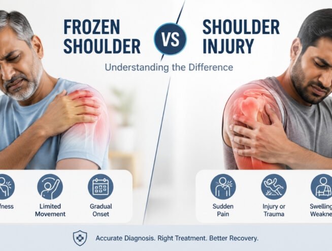 Illustration comparing frozen shoulder and shoulder injury, highlighting symptoms, pain areas, and limited shoulder movement.