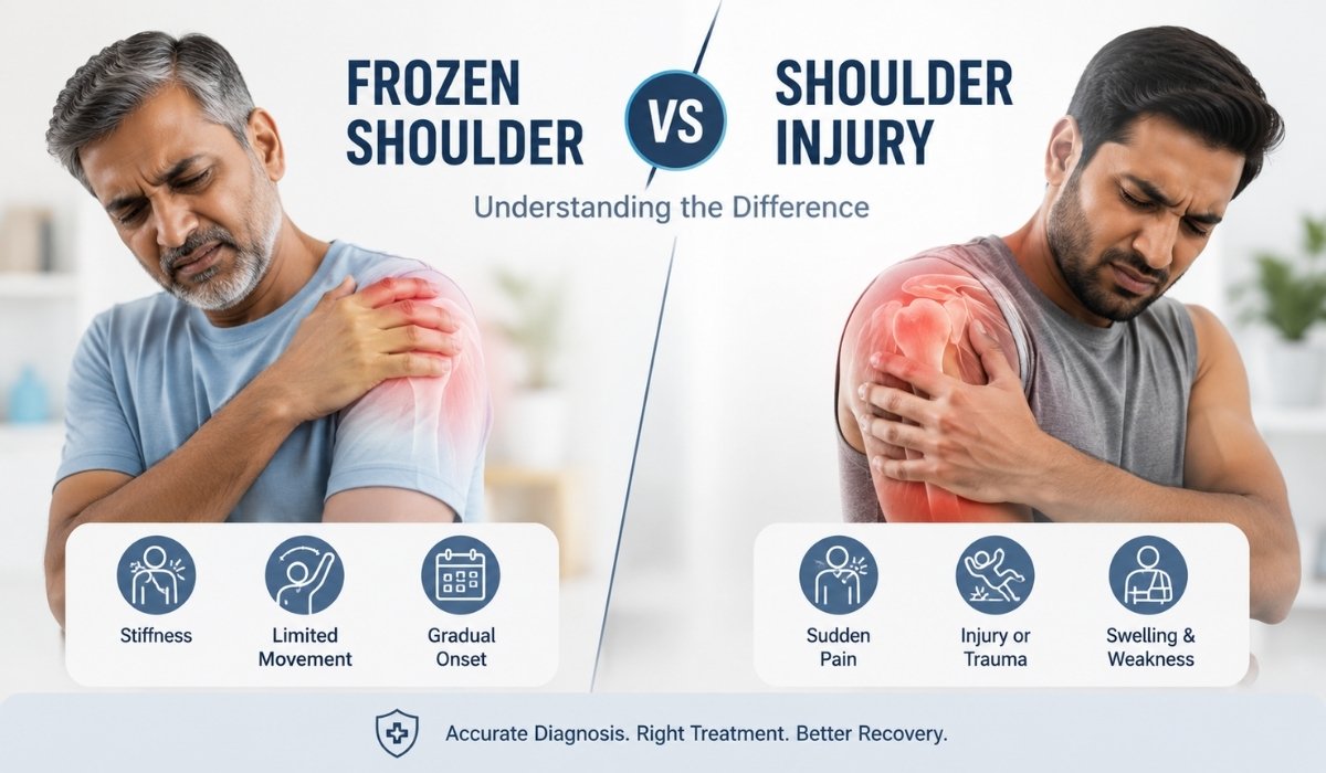 Illustration comparing frozen shoulder and shoulder injury, highlighting symptoms, pain areas, and limited shoulder movement.