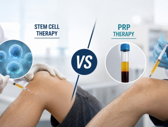 Stem Cell Therapy vs PRP Therapy comparison for knee pain treatment showing regenerative medicine injection procedures