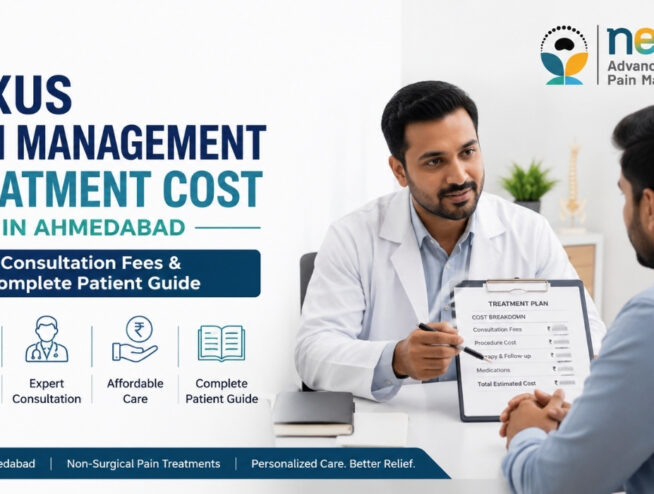 Doctor explaining Nexus pain management treatment cost and consultation fees to a patient in Ahmedabad with a transparent treatment plan.
