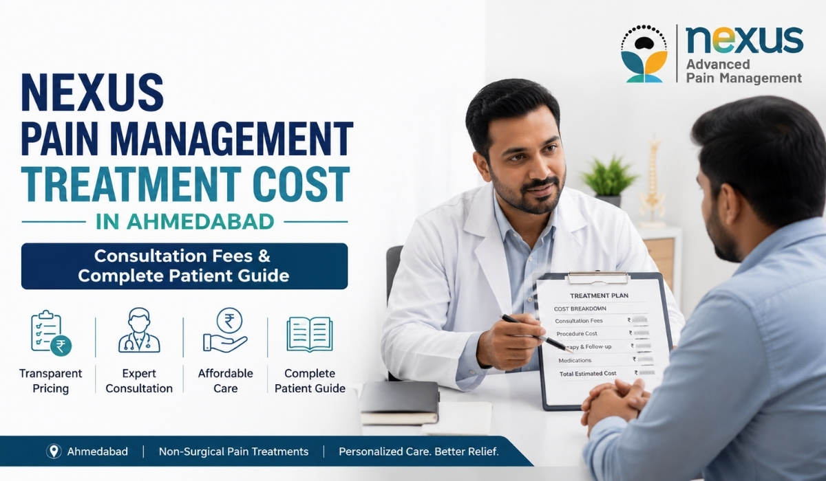 Doctor explaining Nexus pain management treatment cost and consultation fees to a patient in Ahmedabad with a transparent treatment plan.