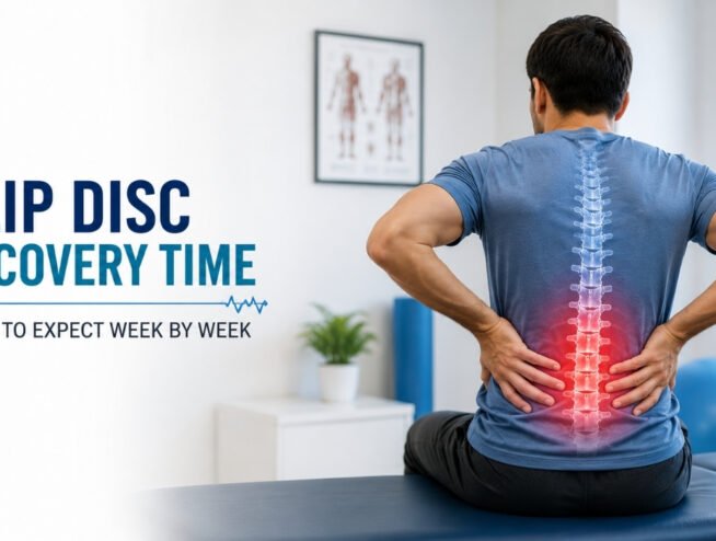 Week-by-week recovery timeline for slip disc treatment showing pain relief, healing stages, and return to daily activities