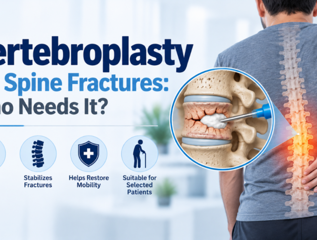 Vertebroplasty for spine fractures showing bone cement injection into a fractured vertebra