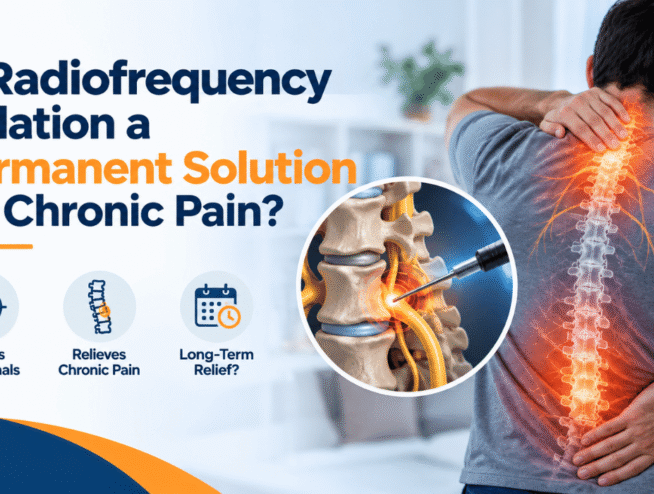 Radiofrequency ablation for chronic pain showing a targeted nerve treatment using a radiofrequency probe