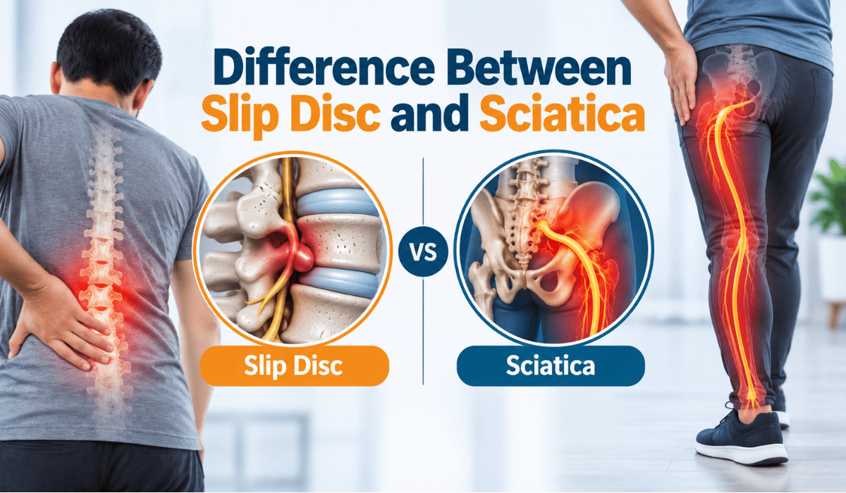 Difference between slip disc and sciatica showing a herniated disc and sciatic nerve pain symptoms