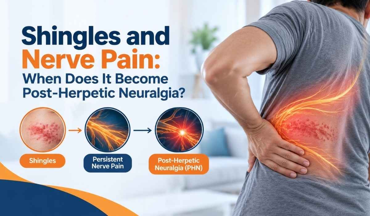 Shingles and nerve pain showing persistent pain that may develop into post-herpetic neuralgia after the rash clears