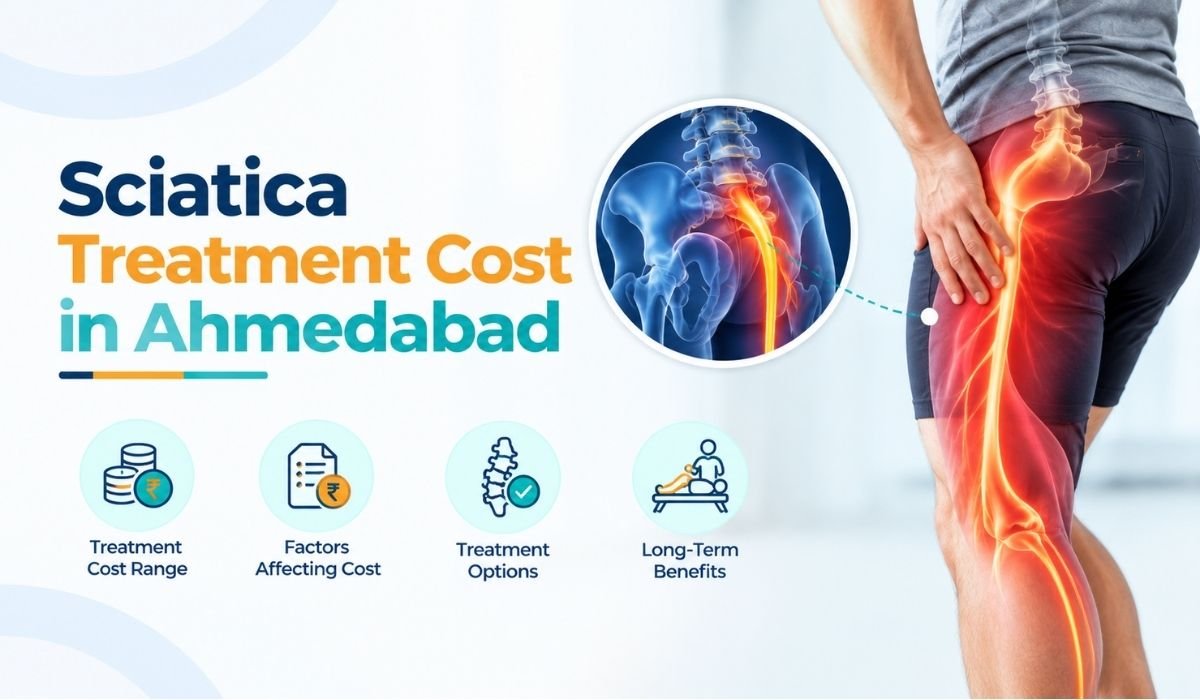 Sciatica treatment cost in Ahmedabad, illustrating lower back nerve compression and pain radiating down the leg