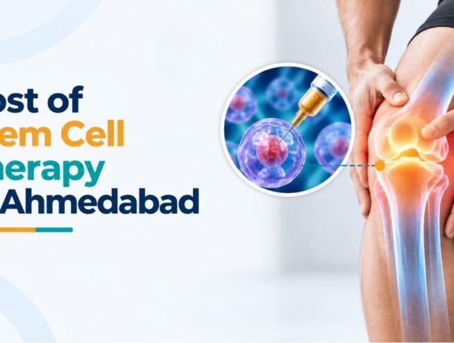 Cost of stem cell therapy in Ahmedabad showing a knee joint illustration and stem cell treatment imagery
