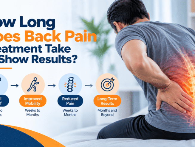 Back pain treatment showing a patient receiving care for lower back pain and expected recovery timeline