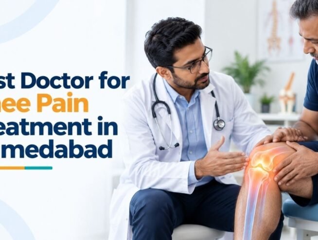 Doctor examining a patient's knee during an assessment for knee pain in Ahmedabad