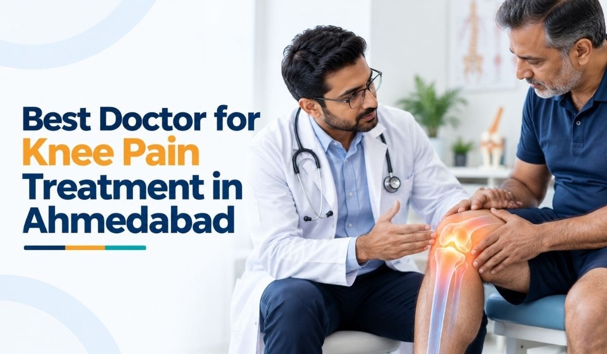Doctor examining a patient's knee during an assessment for knee pain in Ahmedabad